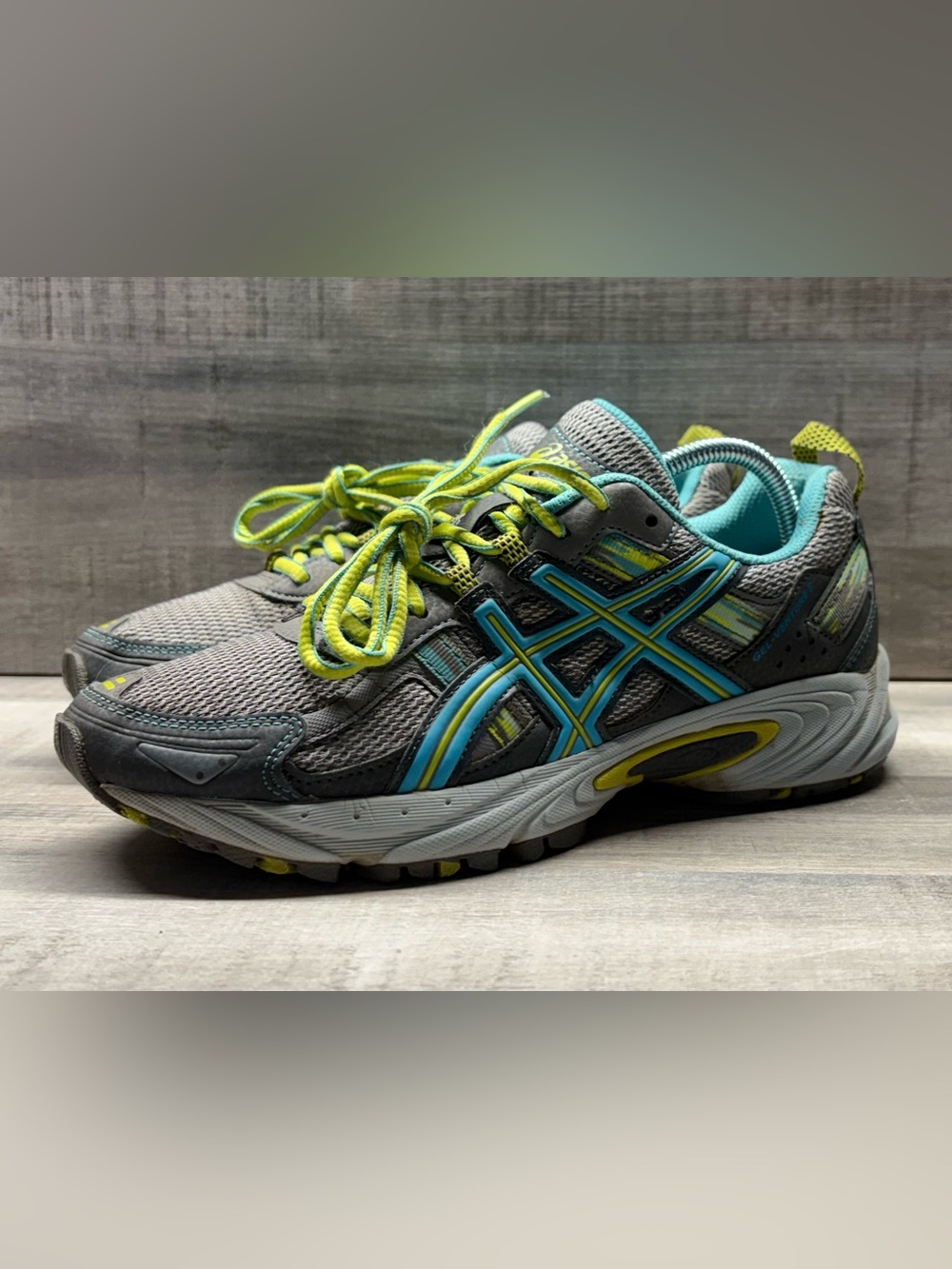 ASICS Gel Venture 5 Womens Size 8 Gray Teal Lime Trail Running Shoes T5N8N